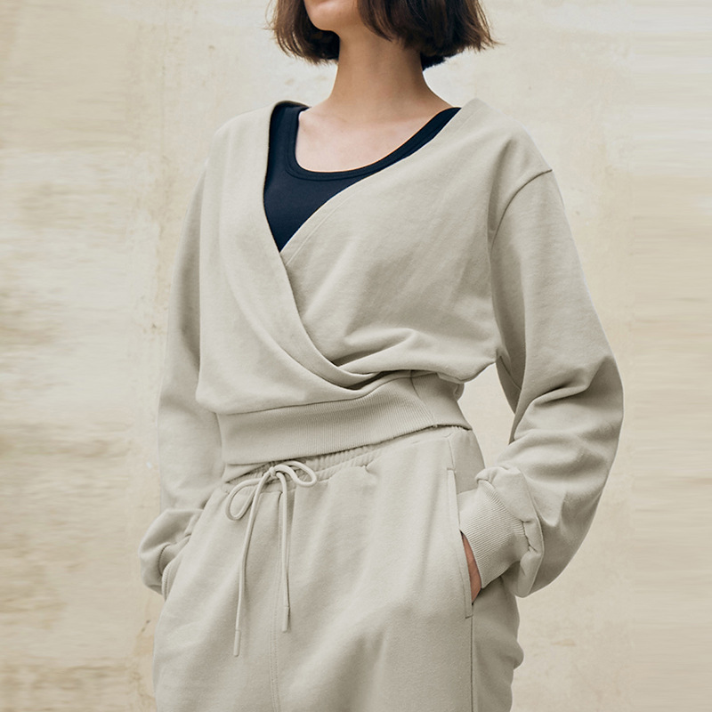 【Clearance Bargain】 Women's Sports Top Cross-Border Trade Amazon V-Neck Button-Front Design Short Sweatshirt