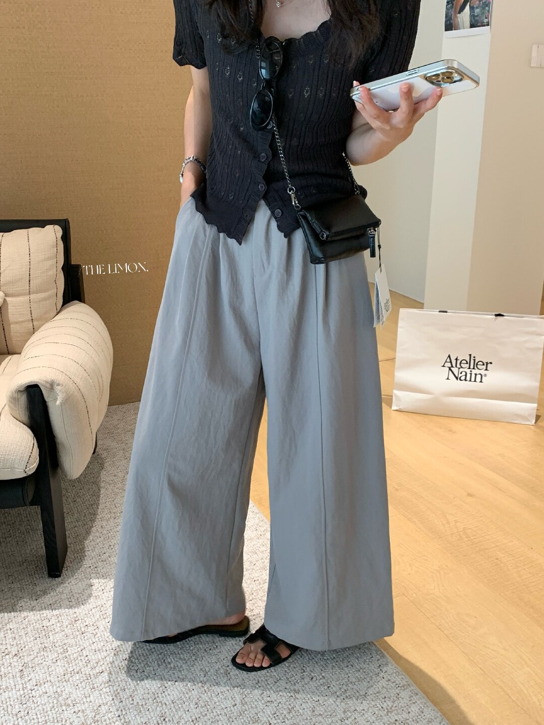 Quần culottes nữ ống rộng cạp cao dáng suông phong cách tối giản — màu đen, Xám cacbon, Xám bạc, màu trắng chi tiết 24