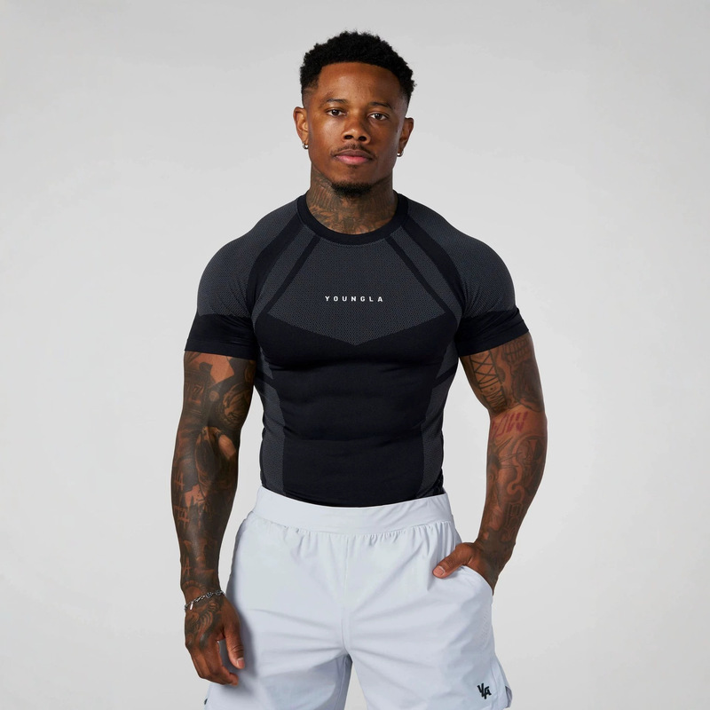 Youngla Men's T-Shirt Sports Muscle Fitness Tights Jogging Outdoor Quick-Drying Breathable Elastic Short-Sleeved Top