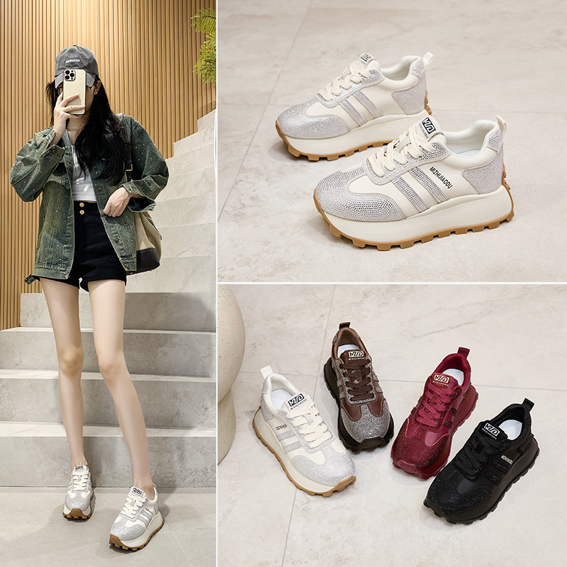 2024 Autumn Sports Thick-Soled Casual Sneakers Genuine Leather Classic Retro Versatile Agan Training Shoes Height-Increasing Dad Shoes for Women