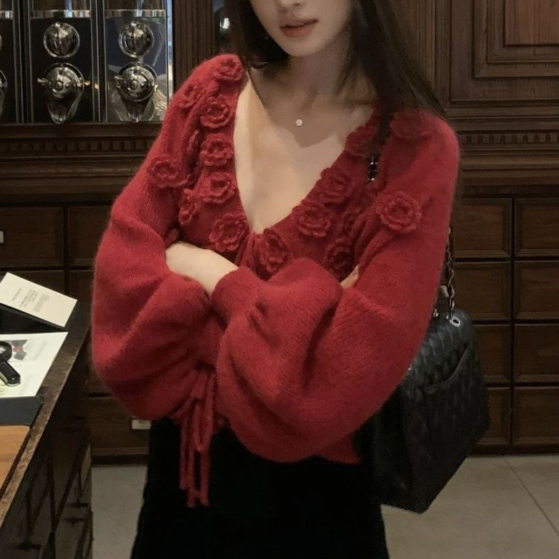 2025新款花朵温柔甜美针织设计开衫法式秋冬毛衣立体外套新款上衣|undefined