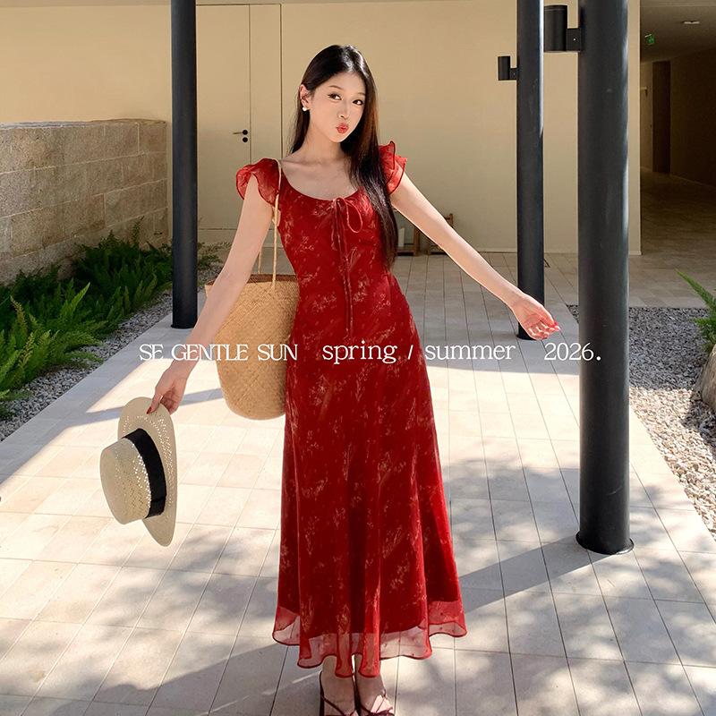 Xiu Xixi 2026 Spring New French Style Elegant Tie-Waist Dress with Floral Print, Pure Desire Vacation Long Dress 88480