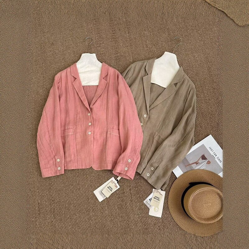 Autumn linen blazer for women, loose and slimming, single-breasted, long-sleeved jacket, vintage artistic style, spring and autumn solid color top Autumn linen blazer for women, loose and slimming, single-breasted, long-sleeved jacket, vintage artistic style, spring and autumn solid color top