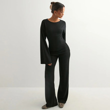 Y25ST310欧美跨境秋季女装亚马逊新款圆领微喇长袖直筒长裤套装女