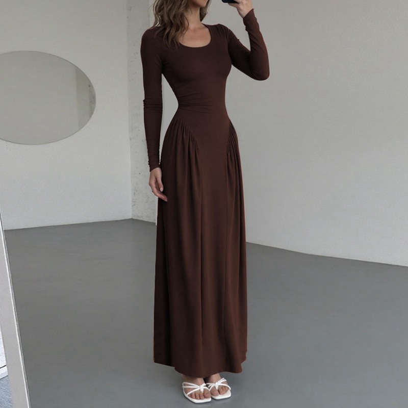 Cross-Border Autumn and Winter New European and American Clothing French Elegant Style Pure Color U-Neck Waist Strap Long-Sleeved Dress