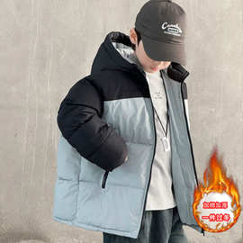 男童加厚连帽拼色棉服冬季保暖中大童棉衣外套青少年外套面包服潮