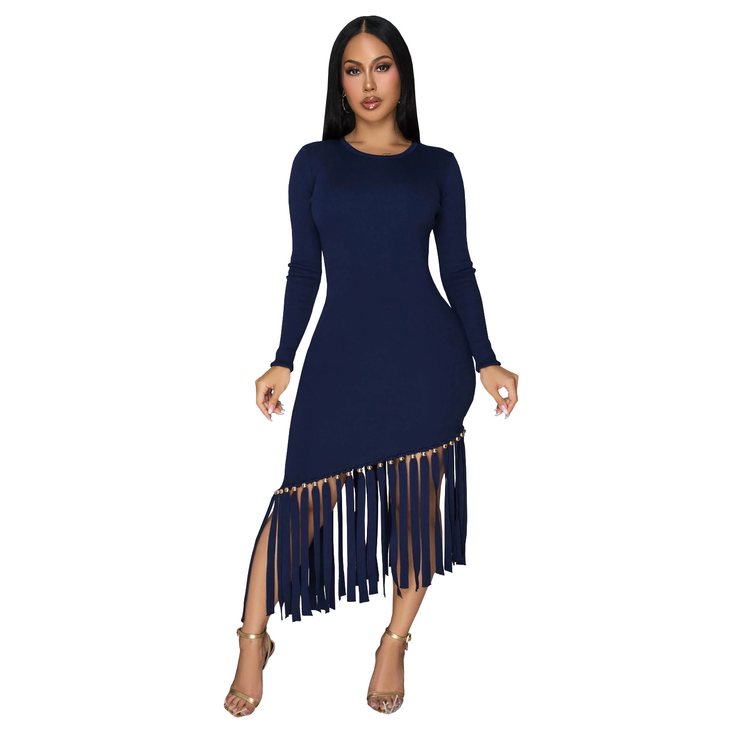 C7533 Aliexpress transfronterizo Amazon Europa y América moda femenina delgada de color sólido cuello redondo bordilla vestido de lados