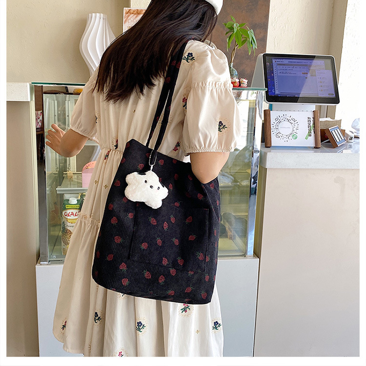 375g Weight Polyester Lining Material Magnetic Buckle Closure Type Double Shoulder Straps Strap Type Bucket Bag Bags Type Holiday, Daily Occasion Corduroy Material Strawberry Pattern Spring&Summer Season Women's Gender Cute Style Square Shape Medium Size Women's Medium Corduroy Strawberry Cute Square Magnetic Buckle Bucket Bag 12