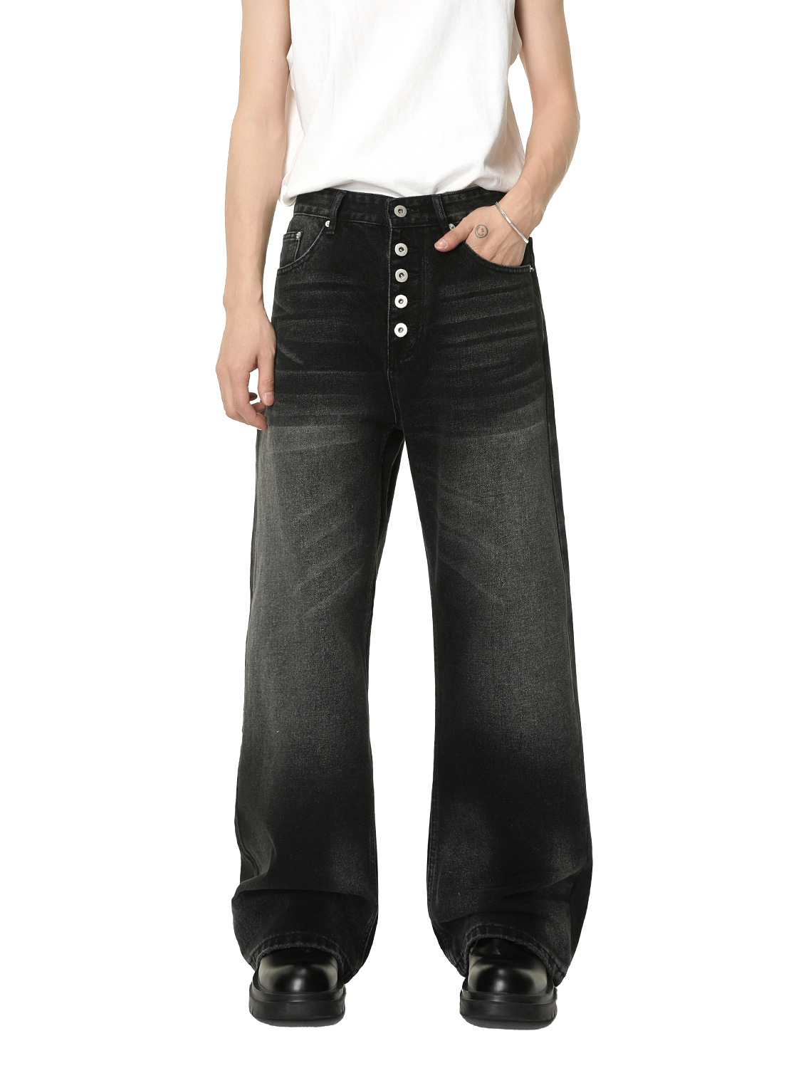 MTLCLOTHES Hombres| Diseño coreano multi-botón blanco pulido micro-cuerno suelto vaqueros lavado con agua de moda universal