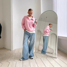 跨境亚马逊速卖通外贸女装时尚长袖拉链翻领卫衣纯色休闲套头卫衣