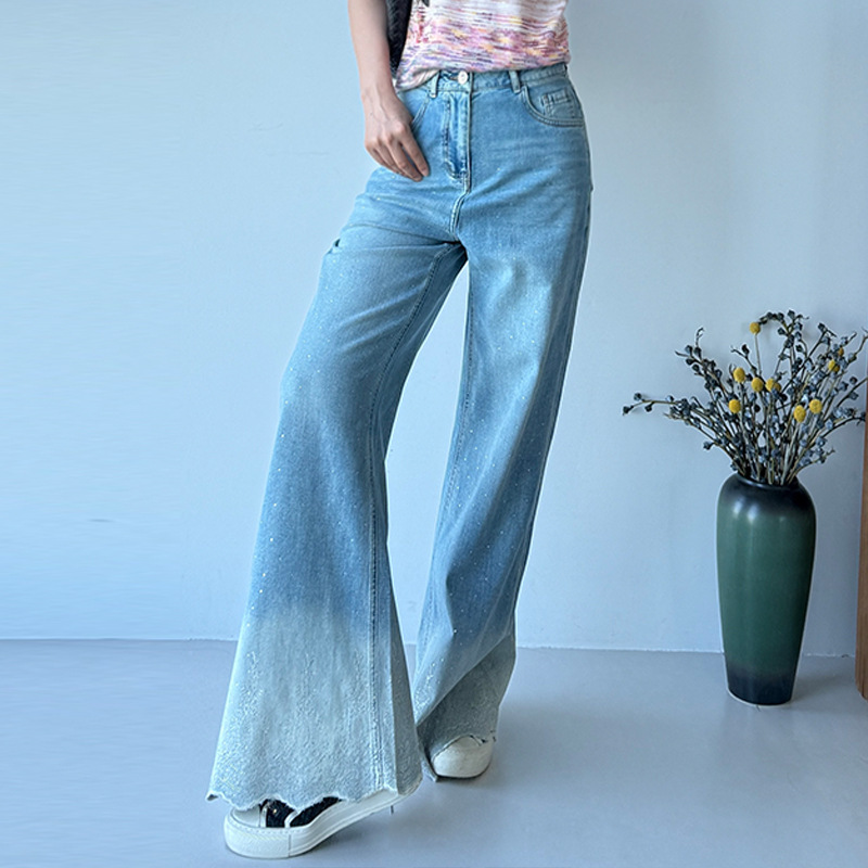 Italian HM Gradient Rhinestone Wide-Leg Jeans for Women, High-Waisted, Wavy Frayed Hem, Draped, Washed, Floor-Length Denim Pants