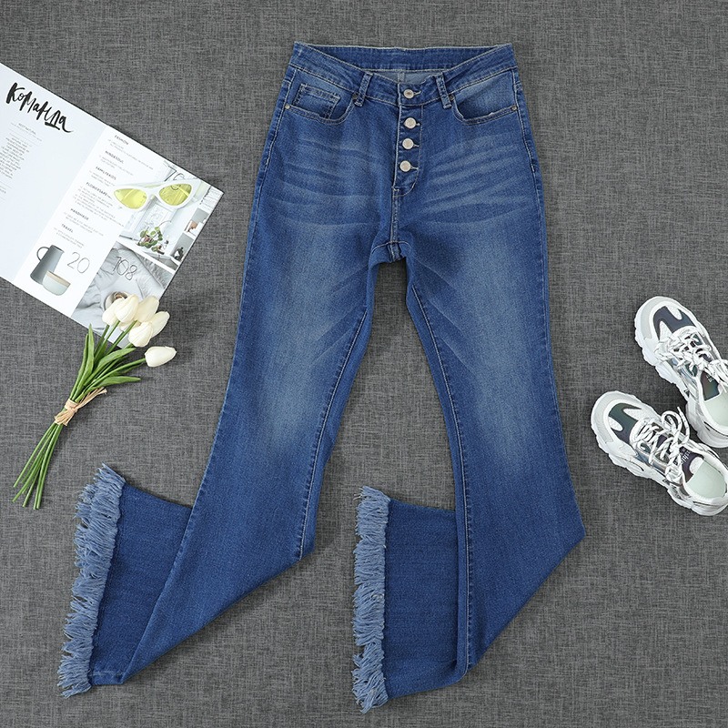 时颖长裤女浅色秋冬亚马逊新品纯色单排扣高腰欧美牛仔裤女