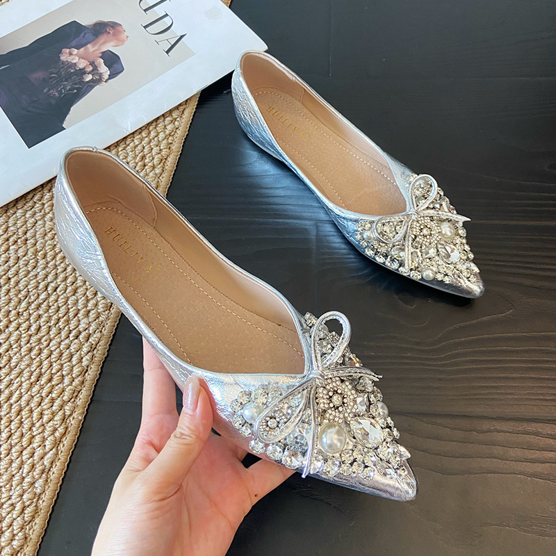 New Style Shallow Mouth Pointed Toe Flat Shoes with Rhinestones, Bowknot Soft Sole Comfortable Hidden Heel Shallow Mouth Shoes N1368-2