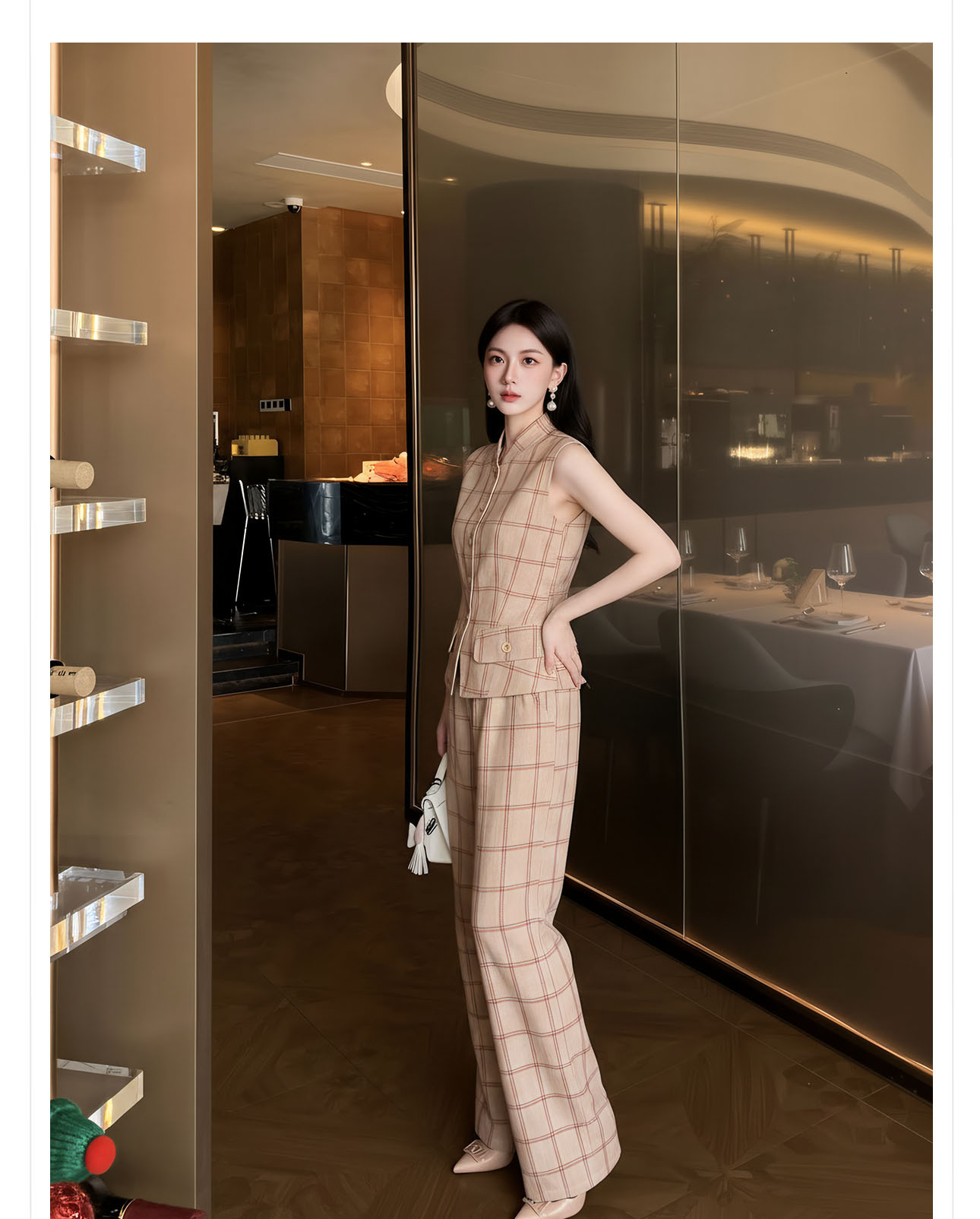 Bộ áo gile + quần dài nữ họa tiết kẻ caro thiết kế cổ điển, cài khuy vải, phối quần ống rộng — bộ đồ, Trang chủ, Quần dài chi tiết 4