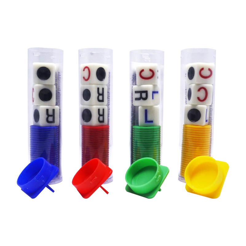 Factory hot-selling left, middle and right interesting simplified writing LCR dice four-color with chips game dice barrel English version