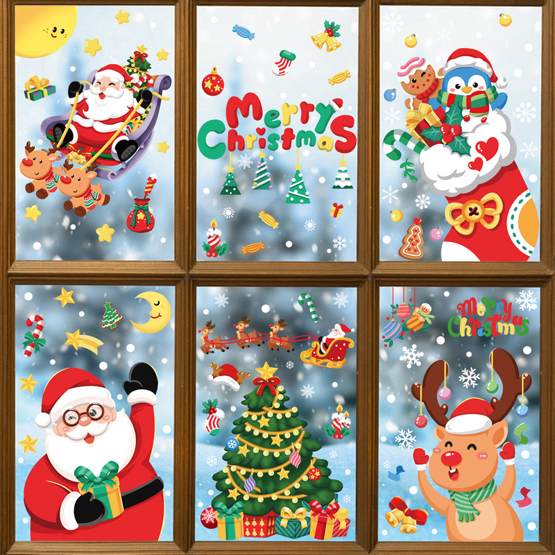 クリスマスデコレーションスノーフレークステッカーサンタクロースヘラジカ雪だるまガーランド静電ステッカートランスボーダーメリークリスマスウィンドウステッカー|undefined