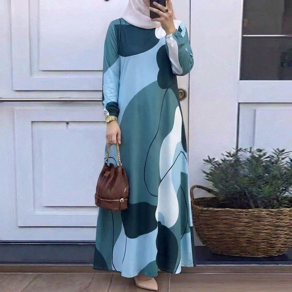 In Stock Cross-Border New Printed Middle Eastern Muslim Malay Full Sleeve Round Neck Robe Long Dress Factory Wholesale_ecoleips.com