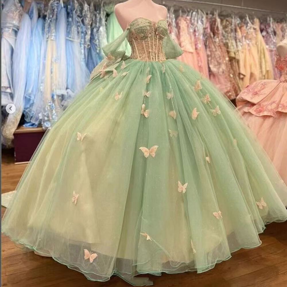 Coming-Of-Age Ceremony Dress, Green Forest Style Simple Ball Evening Dress, Tulle Butterfly Appliqué Strapless Banquet Evening Gown