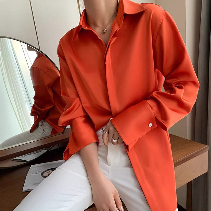 Night gloss! Japan Imported Triacetate Satin Shirt Long Sleeve Heavy Double-sided Satin Top