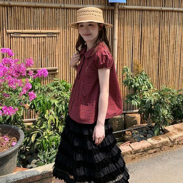 Red plaid short-sleeve shirt for women, summer doll collar blouse, sweet college style puff sleeve plaid top for women Red plaid short-sleeve shirt for women, summer doll collar blouse, sweet college style puff sleeve plaid top for women