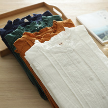 日系文艺精致刺绣双层纱木耳领衬衫花边长袖宽松棉纱衬衣女秋装新