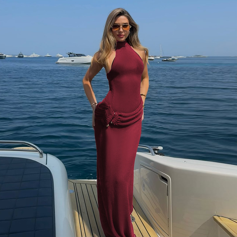 Yj26099Pfo Summer 2026 New Slim-Fit Knitted Long Dress, Halter Neck Extra-Long Basic Stretch Dress