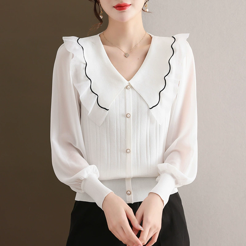 Вязаный свитер для женщин, новая модель осени 2025 года, стильная блузка с воротником-стойкой, омолаживающие рукава-фонарики, базовый свитер.