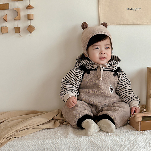 Baby jumpsuit, baby suit, winter clothing, fleece hooded sweatshirt, thick furry overalls, versatile warm trousers