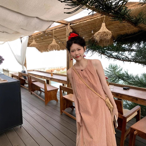 Korean Sweet Checkered Pleated Round Neck Dress for Women - Summer 2025 New Arrival Loose Medium Length A-Line Backless Dress