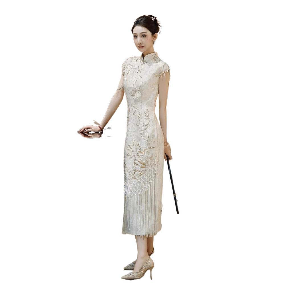 Modern Cheongsam Dress For Wedding Banquet & Special Occasions - Elegant Bride Champagne Reception Qipao With Luxe Detail_ecoleips.com