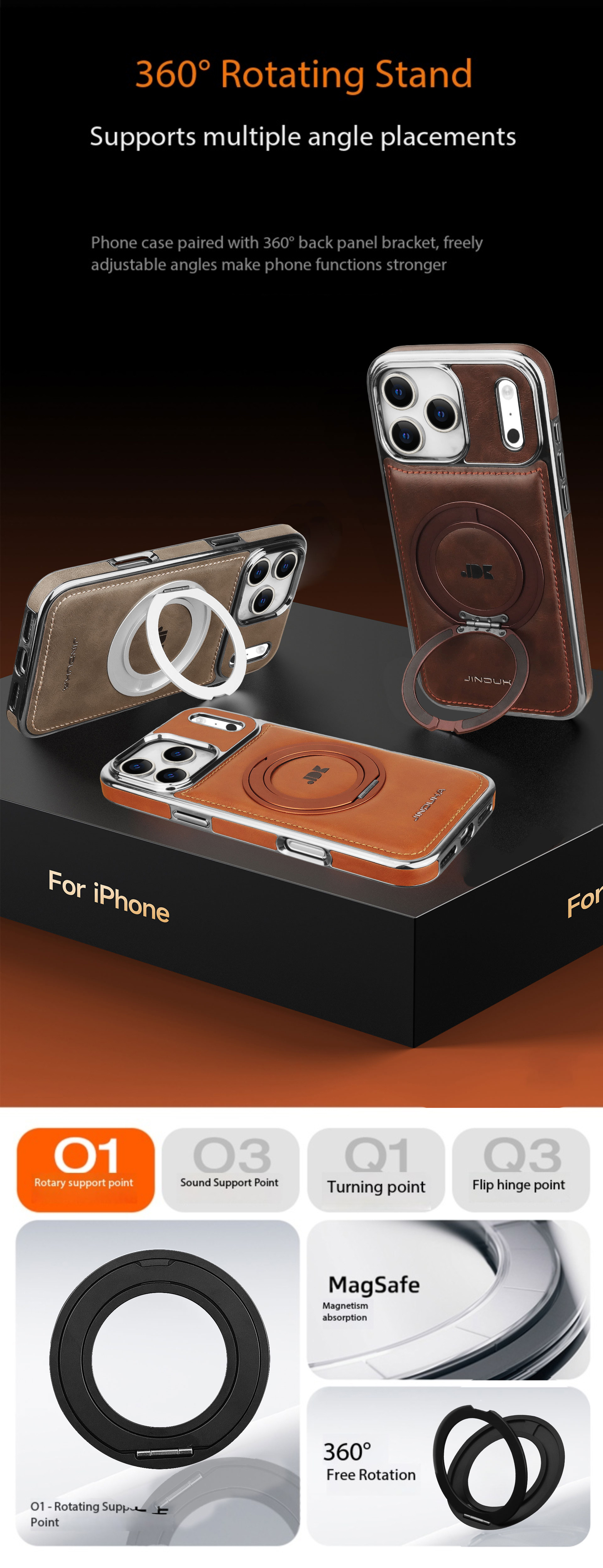 Ốp lưng từ tính xoay 360 độ cho iPhone 17 Pro Max, iPhone 17/16, chống sốc viền dày — Màu đen, Màu xanh lam, Nâu thanh lịch, Nâu mocha chi tiết 3