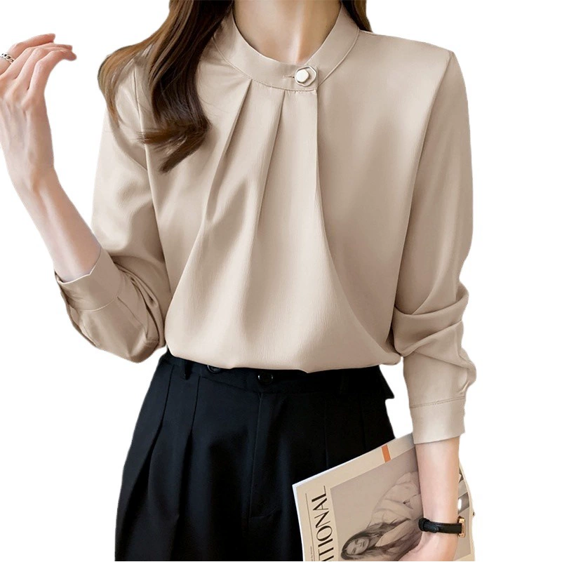 Новая женская рубашка осень 2025: уникальный дизайн, корейский стиль, атласный шифоновый топ с длинным рукавом.
