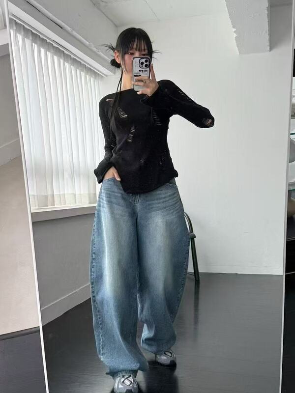梵思羽秋冬新品纹理宽松牛仔裤男女同款水洗阔腿裤刺条纹轻奢面料|undefined