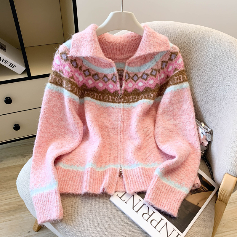 Real Shot of Korean New Christmas Fair Isle Hand-Embroidered Knitted Cardigan Women's Soft Waxy Lapel Sweater Jacket