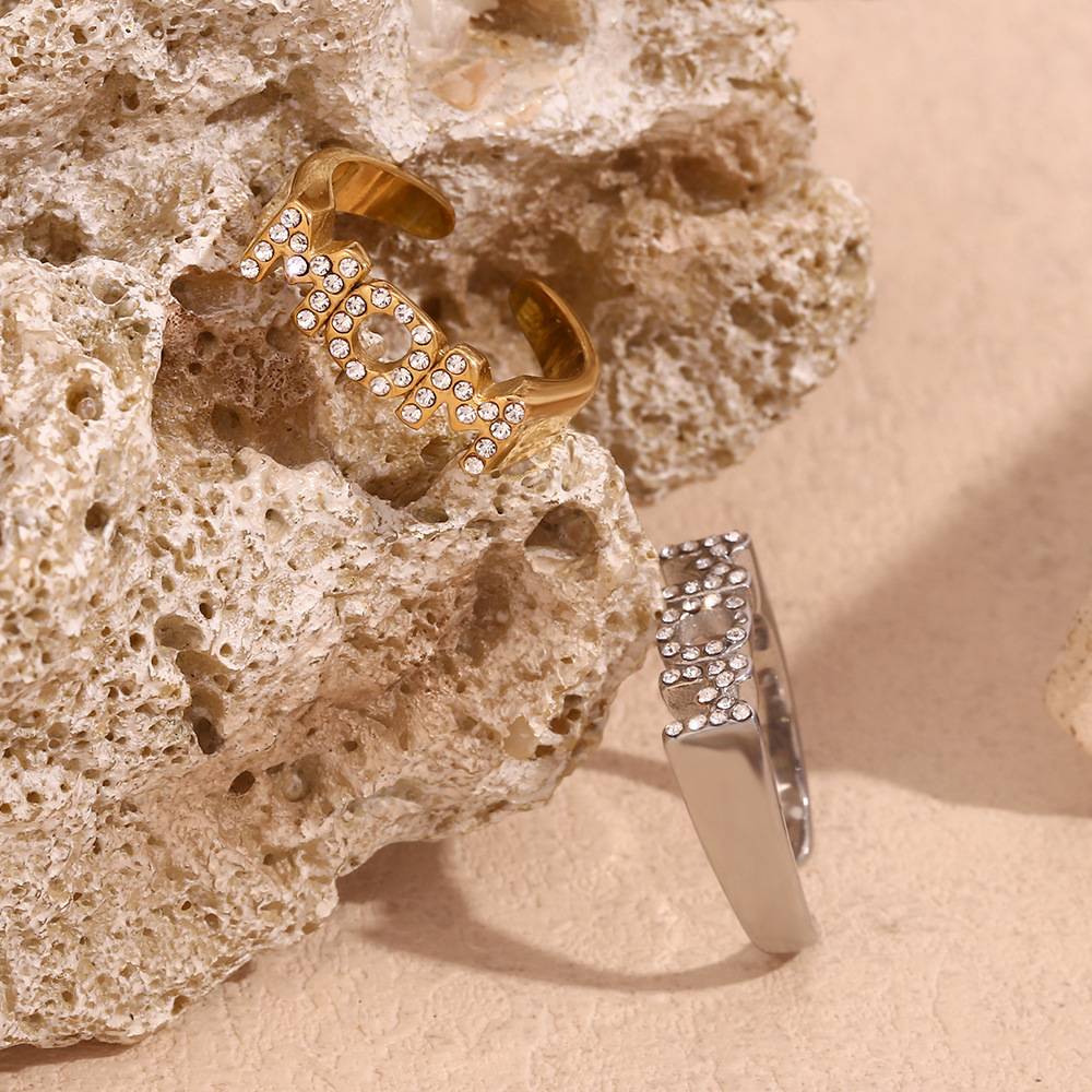 Zircon Inlaid Mom Stainless Steel Open Ring