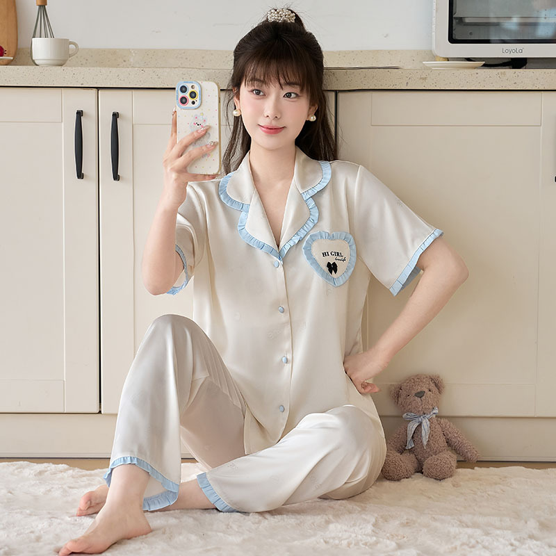 Pajamas for Women in Spring and Autumn, New Style, Sweet Lace, Thin Ice Silk Long-Sleeved Two-Piece Set, Casual and Fashionable Silk Home Clothes