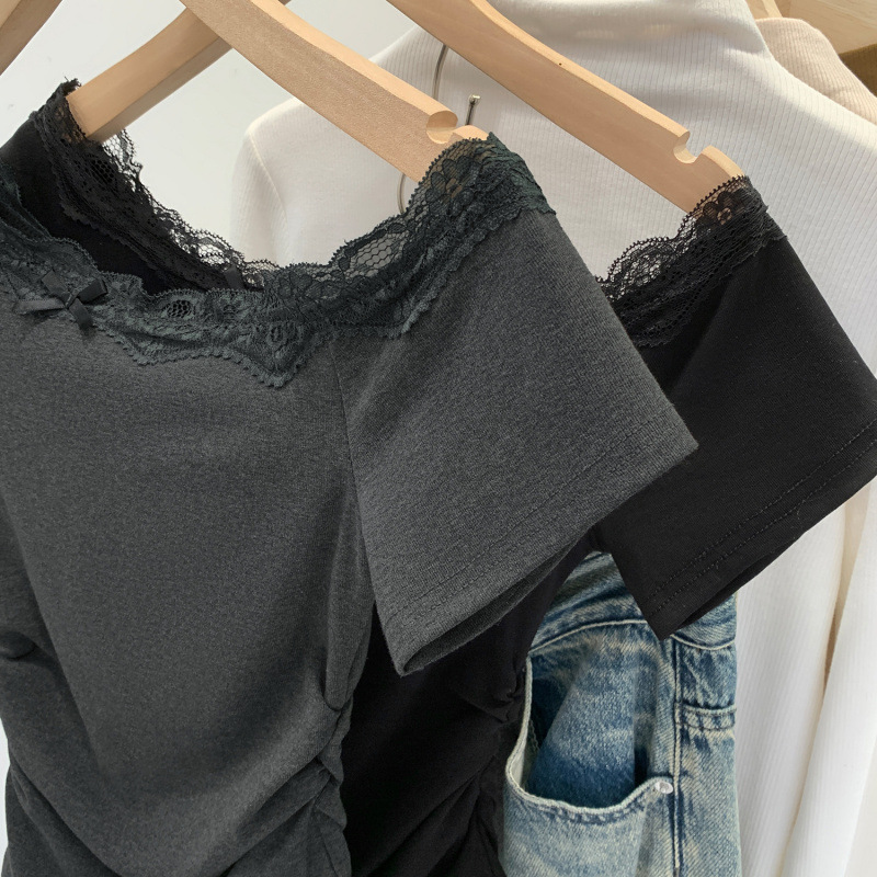 Affordable Women's Popular Lace Splicing One-Shoulder Slanted Shoulder Short-Sleeved T-Shirt Women's 2025 Summer New Waist Top