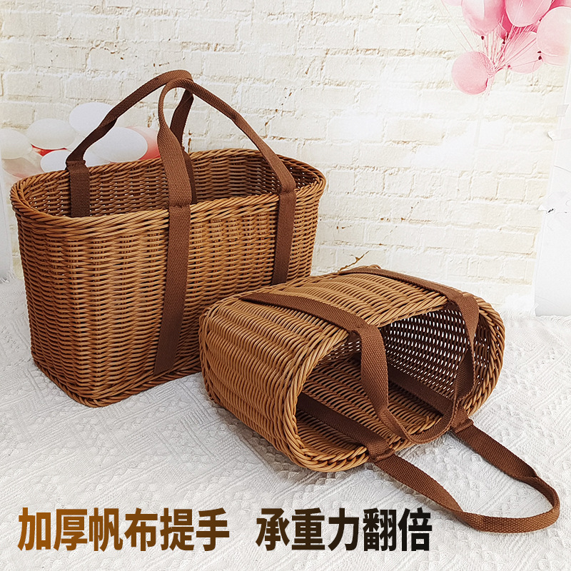 Cesta de mano de fruta de ratán Cesta de compras de supermercado Cesta de ratán de mano de picnic Cesta de tejido de ratán de plástico