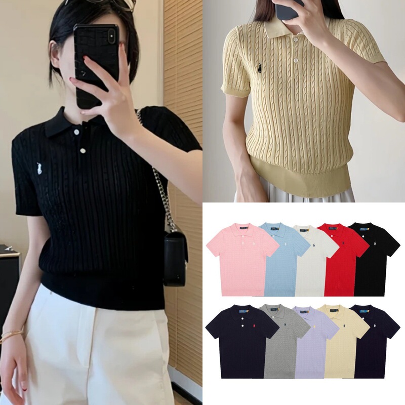 Embroidered Two-Button Polo Shirt with a Twist Design for Women, Made of Pure Cotton with Three-Dimensional Embroidery