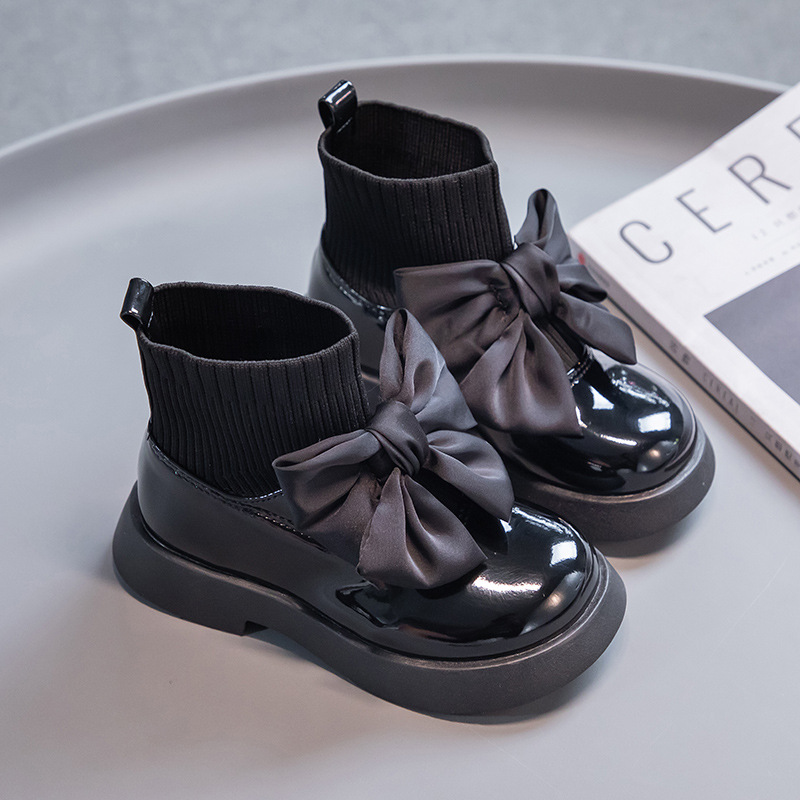 Kids' shoes socks boots autumn and winter new bowknot bright leather mid tube short boots girls boots medium and large children princess cotton boots_voghion.com