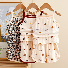 儿童洋气套装吊带碎花两件套韩版抽针透气家居服夏季短裤出口品质