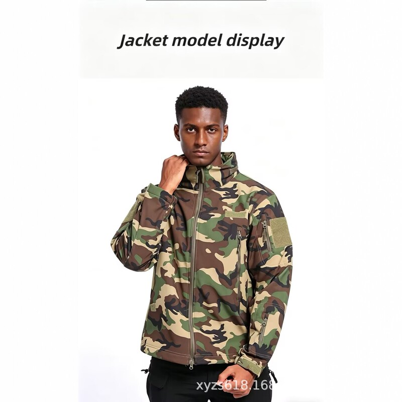 Outdoor camouflage tactical softshell jacket, windproof and waterproof outdoor training uniform, multi-pocket zippered jacket