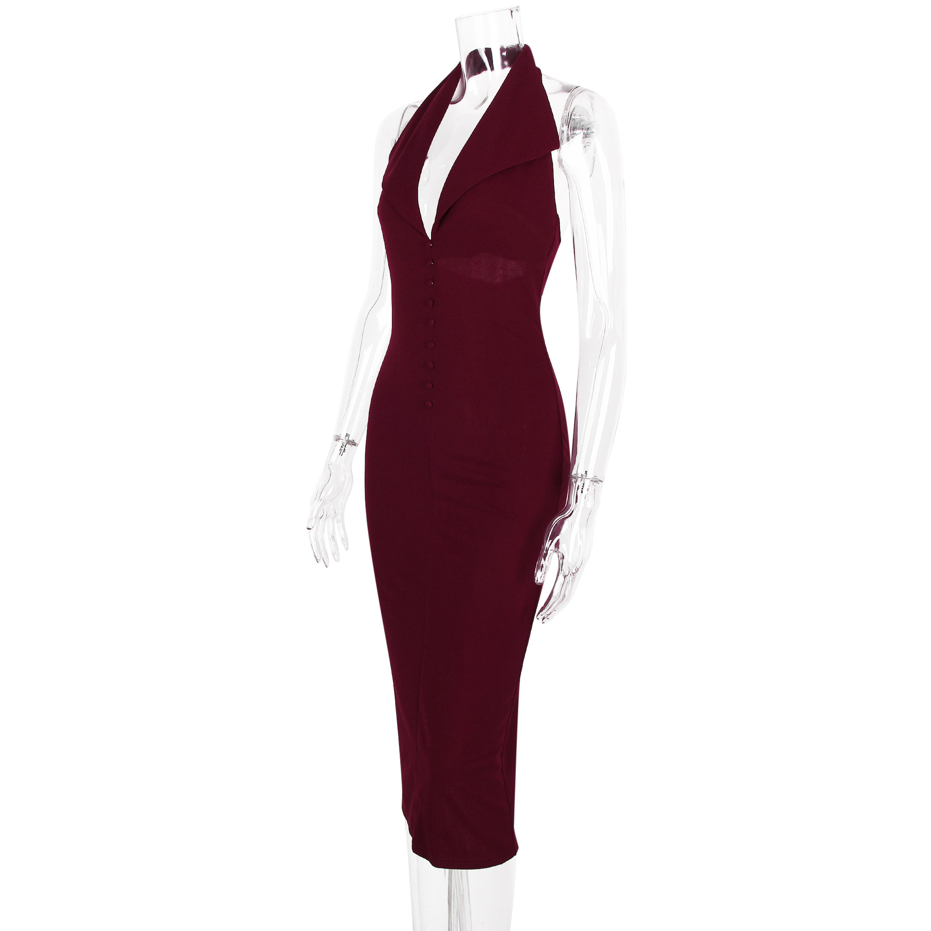 Sexy Women Clothing Sexy Backless V neck Midi Dress Skinny Sheath Split Halter Dress