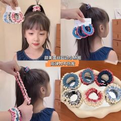 新款甜美蕾丝花边牛仔小肠发圈女童初秋上学扎马尾格子发绳头绳