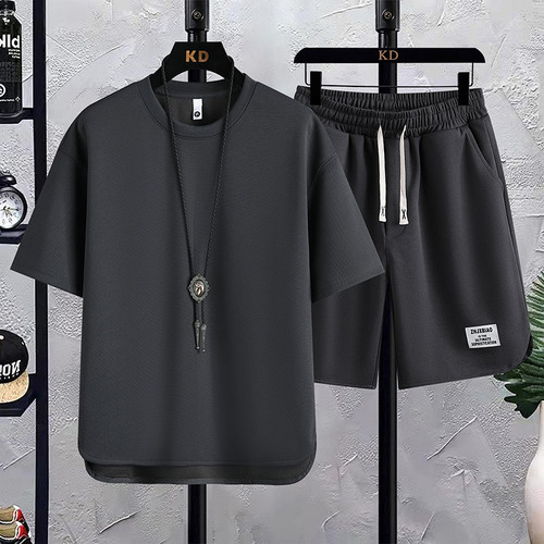 Fashion suit men's waffle short-sleeved T-shirt trendy brand summer new loose Korean style trendy sports and casual two-piece set