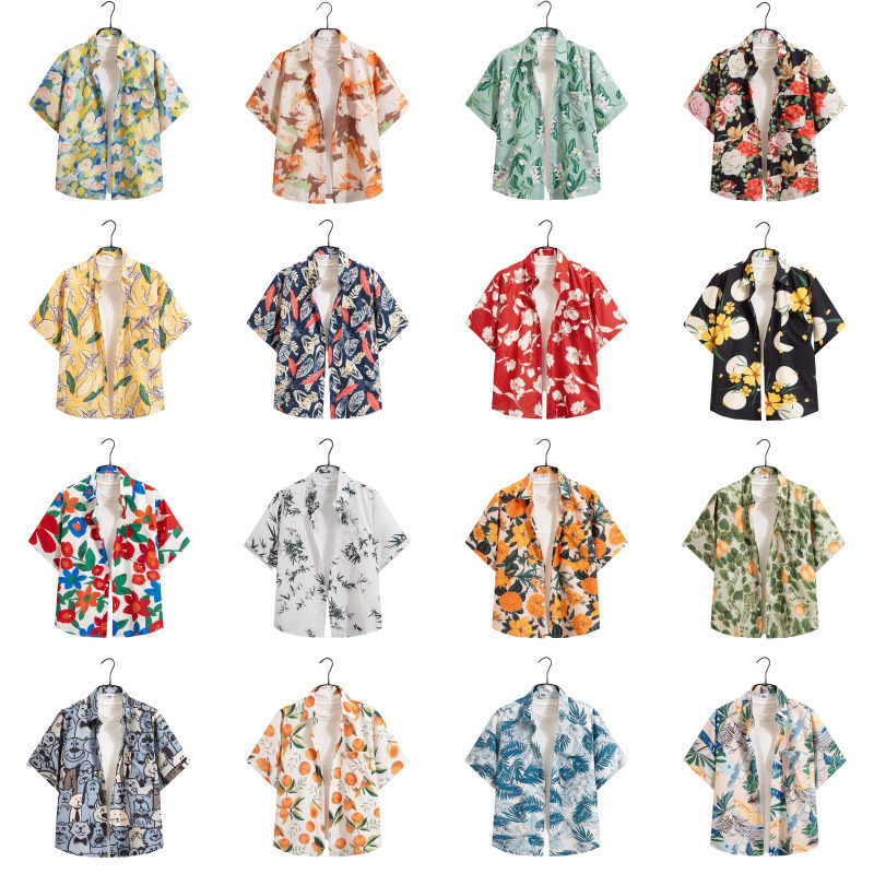 Artistic Harajuku Floral Shirt Short-Sleeved Summer Beach Vacation Thailand Yunnan Water Splashing Festival Unisex Hawaiian Style