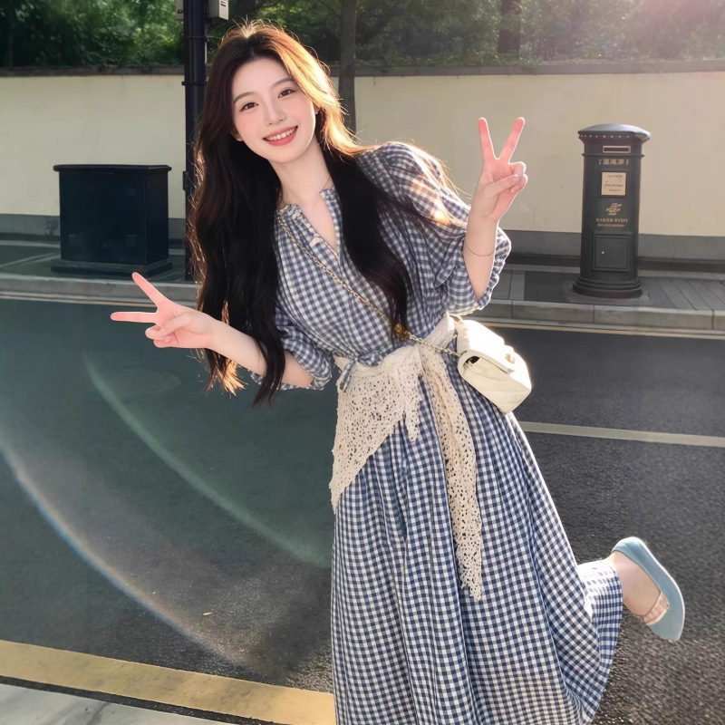 High-End Mid-Length Puff Sleeve Dress for Women, 2026 Summer New Korean Style Plaid French-Style Elegant Dress