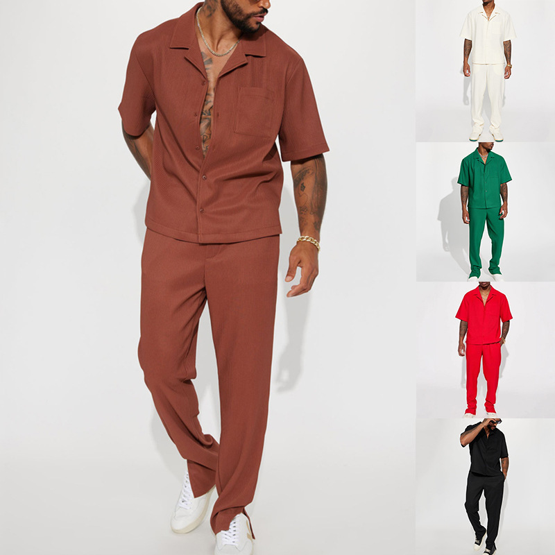 2025 new sports casual men's two suit shirt loose lapel short sleeve trousers trendy solid color suit