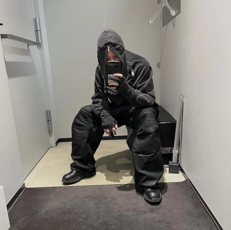 High-End Grailz Project Vibe Coated Waxed Motorcycle Armor Patchwork Pleated Silhouette Wide-Leg Pants