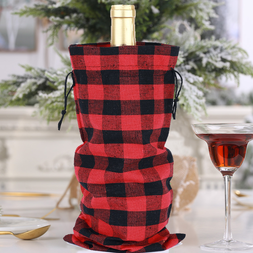 Bolsillo de vinos de Navidad Plaid Set bolsillo de vinos de Navidad bolsillo de algodón bolsillo de botella de vino en stock